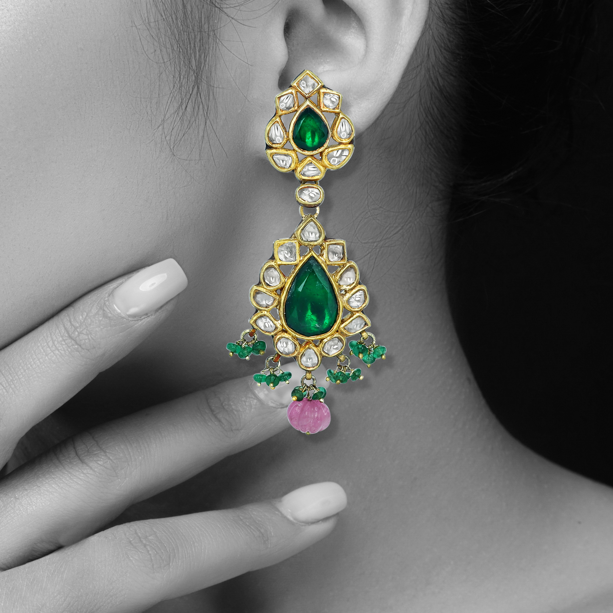 Polki Diamond Necklace Set with Green Stone and Pink Beads